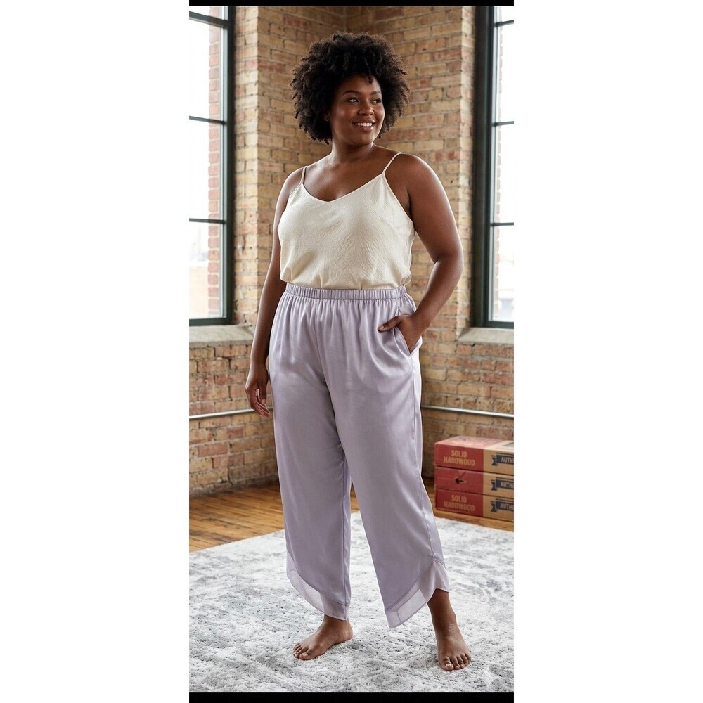 Cacique Satin Loungewear Pants Chiffon Hem Purple Elastic Waist Size 26/28